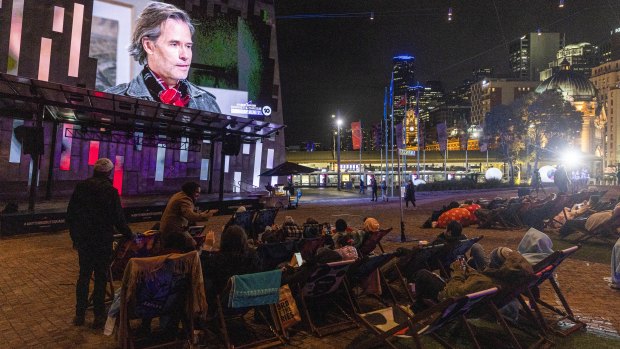 Guy Pearce transfixes the crowd at Federation Square.