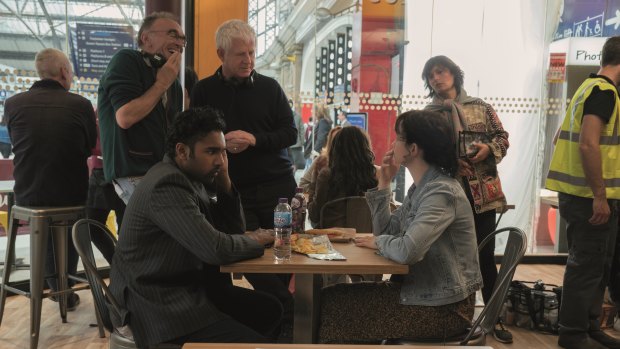 Director Danny Boyle (far left) and writer Richard Curtis with actors Himesh Patel and Lily James on the set of Yesterday. 