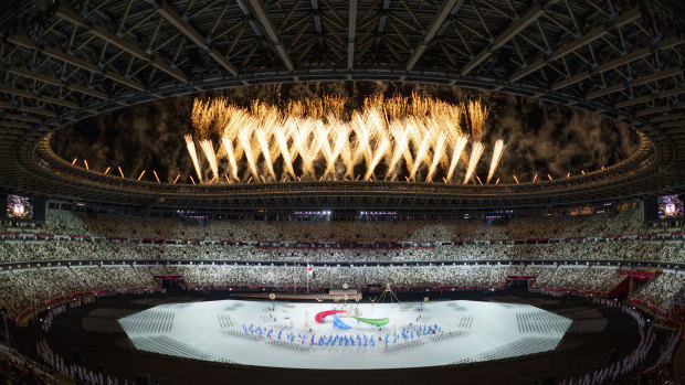 Fireworks are set off at the Paralympic opening ceremony. 