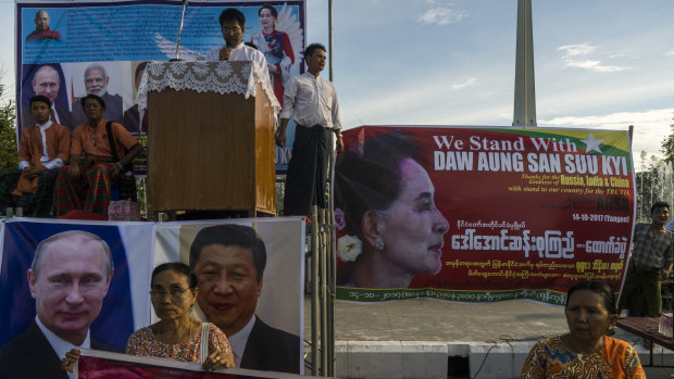 A demonstration organised by a Buddhist monk in support of Myanmar's civilian leader Aung San Suu Kyi’s handling of the Rohingya crisis in Yangon, 2017.
