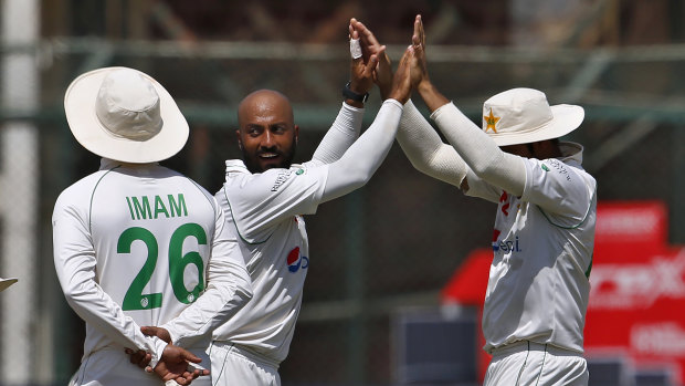Pakistan’s Sajid Khan celebrates the wicket of Usman Khawaja. 
