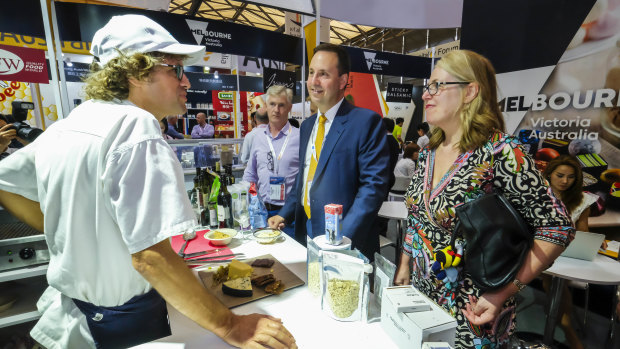 Trade minister Steven Ciobo at the Shanghai SIAL Food Industry Expo with Australian Ambassador to China Jan Adams and Australian chef Tim Hollands.