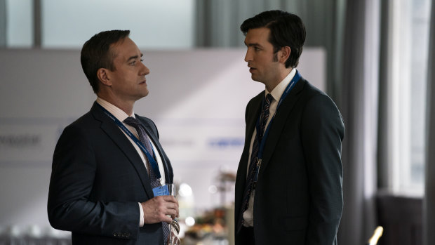 Laugh or you’ll cry. Cousin Greg (Nicholas Braun) and Tom (Matthew Macfadyen) are often the dark punchlines of Succession.