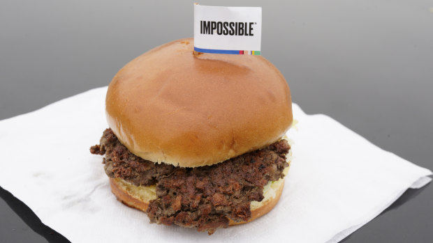 The Impossible Burger, a plant-based burger made from wheat protein, coconut oil and potato protein.