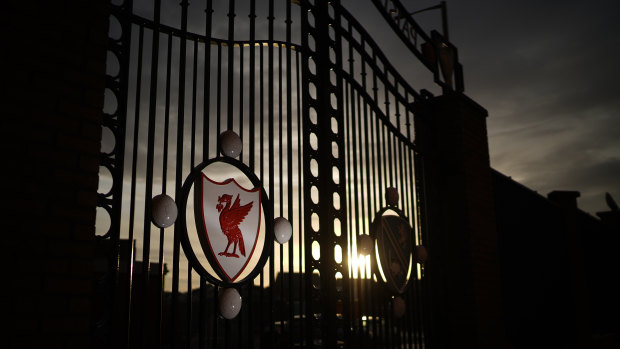Dusk falls over The Paisley Gates at Anfield Stadium, the home of Liverpool, who may be robbed of a title if the EPL season is called off.