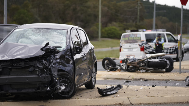 A car and motorbike have collided off Yamba Drive in Farrer on Friday. 