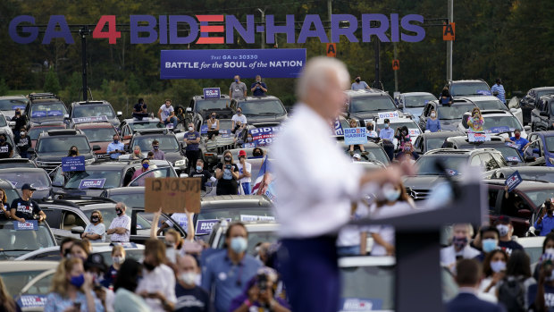 Democratic presidential candidate Joe Biden speaks at a drive-in rally this week.