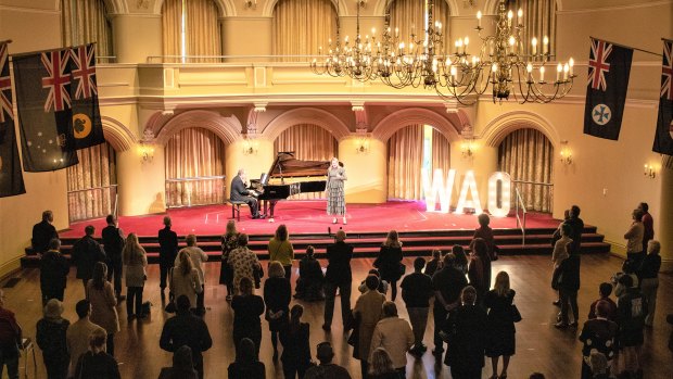 Soprano Samantha Clarke and her accompanist Tommaso Pollio perform at the first WA Opera ‘Standing Room Only’ micro-recital in the Government House Ballroom. These free, 15 minute recitals run every Friday until the end of the month.