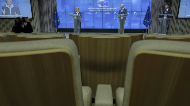 Talking recovery: European Council President Charles Michel, right, and European Commission President Ursula von der Leyen participate in a media conference at the European Council building in Brussels.