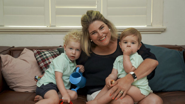 Sally Branson Dalwood with her sons Magnus, 3 and Fenton, 1. 