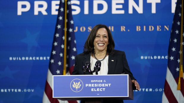 Vice President-elect Kamala Harris speaks as she and President-elect Joe Biden introduce their nominees and appointees to economic policy posts last week.