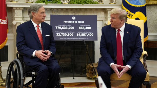 US President Donald Trump speaks during a meeting about the coronavirus response with Texas Governor Greg Abbott.