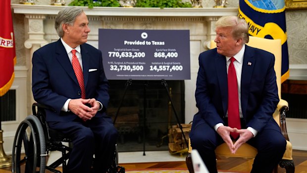 US President Donald Trump speaks during a meeting about the coronavirus response with Texas Governor Greg Abbott.