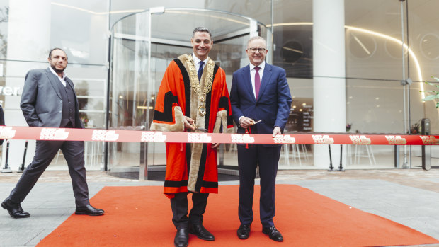 Liverpool Mayor Ned Mannoun, left,  with Prime Minister Anthony Albanese earlier this month.