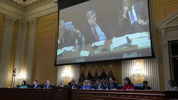 A video showing former Attorney General William Barr speaking during an interview with the January 6th Committee is shown. 