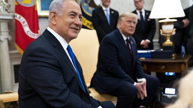 Benjamin Netanyahu, Israel's Prime Pinister, meets with US President Donald Trump in the Oval Office of the White House in Washington, DC.