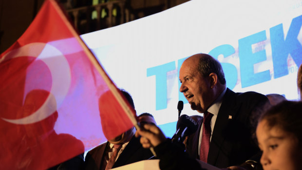 The newly elected Turkish Cypriot leader Ersin Tatar talks to his supporters after winning the Turkish Cypriot election.