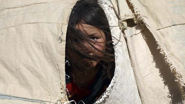 An internally displaced Afghan girl peers from her makeshift tent at a camp on the outskirts of Mazar-e-Sharif, Afghanistan. 