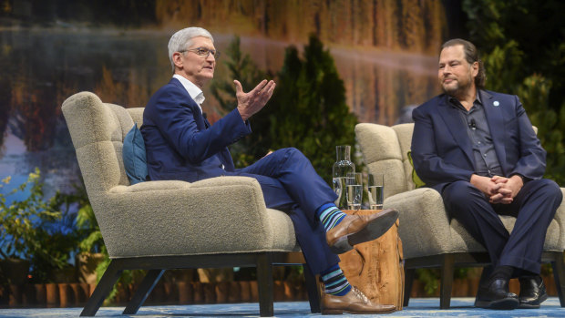 Tim Cook and Marc Benioff at Salesforce's Dreamforce conference in San Francisco. 