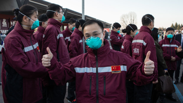 Members of a Chinese Anti-Epidemic medical expert team in Milan to help fight COVID-19.