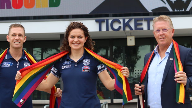 Geelong AFL captain Joel Selwood, AFLW captain Meg McDonald, and CEO Steve Hocking celebrating the AFLW’s Pride Round.