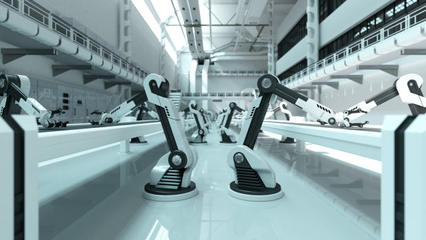 No humans on the factory floor: a modern-day assembly line.