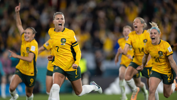 Steph Catley celebrates after scoring the Matildas only goal.