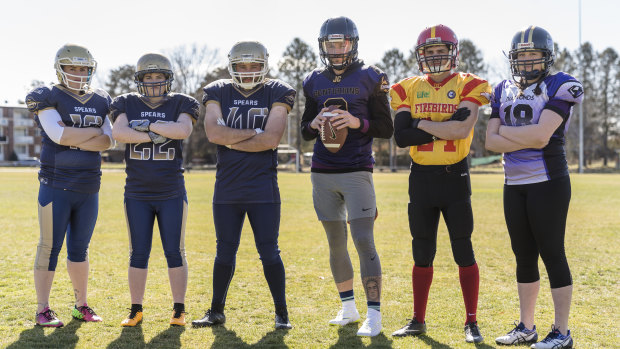 Spears players Kara Hammell, Jessica Conrick and Lachlan Bayliss are joined by Beau Kennett (Centurions) Laurence Marin (Firebirds) and Amy Van Lohuizen launch the 2018-19 ACT Gridiron season.