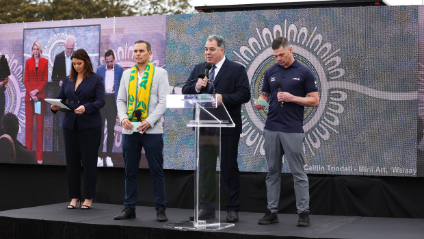 Kangaroos coach Mal Meninga speaks in support of the Voice at North Sydney Oval on Friday.