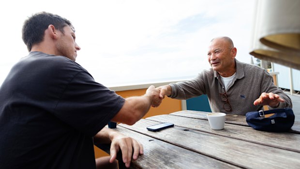 Eddie Jones shakes hands with the Herald’s Tom Decent after a 45-minute interview.