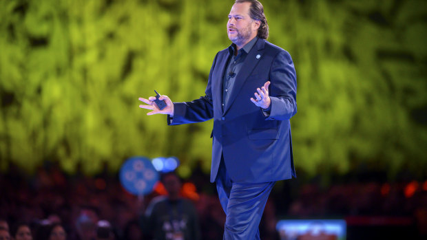 Salesforce chief executive and co-founder Marc Benioff during his keynote address at Dreamforce on Tuesday. 