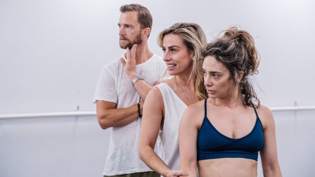 Choreographer Amy Campbell (middle) with Tim Draxl and Angelique Cassimatis during rehearsals for A Chorus Line. 