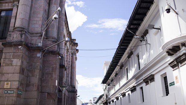 Cameras on a street in Ecuador in 2018. Cameras across the country send footage to monitoring centres to be examined by police and domestic intelligence.