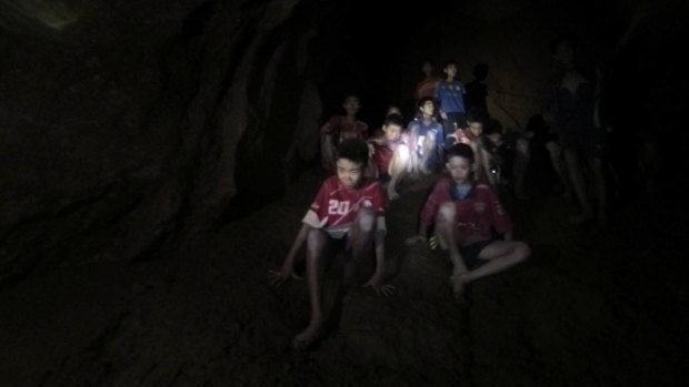 The first sighting of the 12 soccer players trapped in Thailand's Tham Luang cave complex.