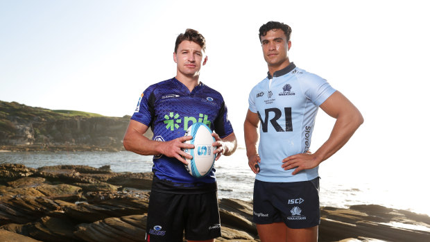 Beauden Barrett and Joseph-Aukuso Suaalii pose during the 2025 Super Rugby season launch on Wednesday.