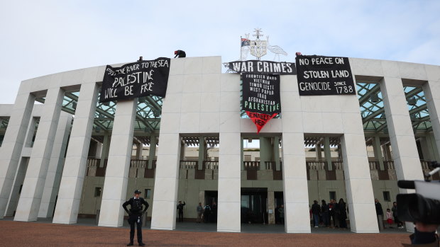 Pro-Palestine protesters at Parliament House in Canberra.
