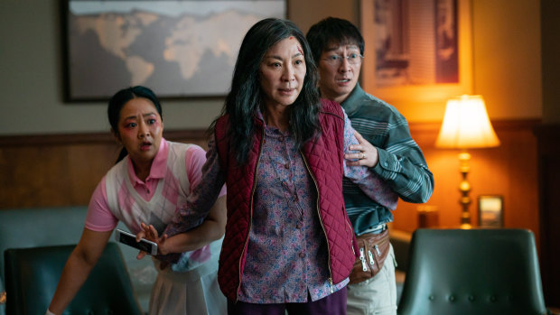 Stephanie Hsu, Michelle Yeoh and Ke Huy Quan in Everything Everywhere All At Once.