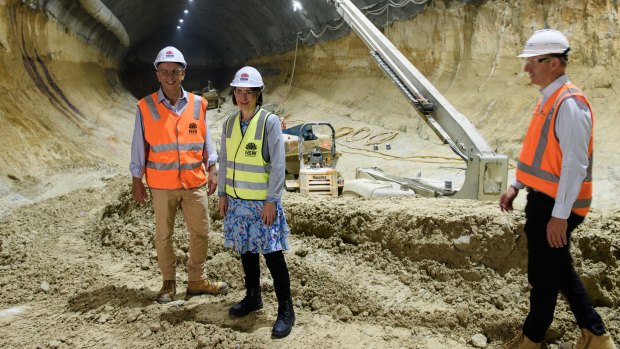 Unfinished business: Minister Andrew Constance and Premier Gladys Berejiklian inspecting the tunnel at Barangaroo.