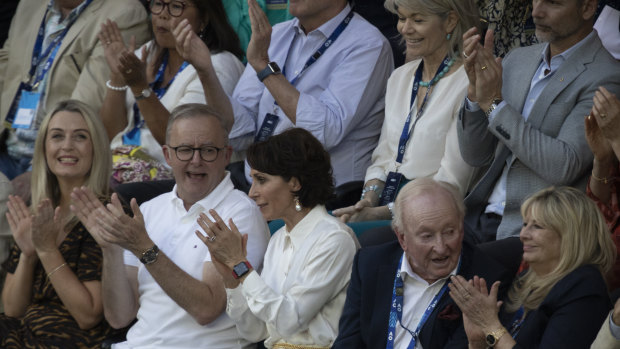 Prime Minister Anthony Albanese with his partner Jodie Haydon (left), Virgin CEO and Tennis Australia chairman Jayne Hrdlicka, and tennis great Rod Laver.
