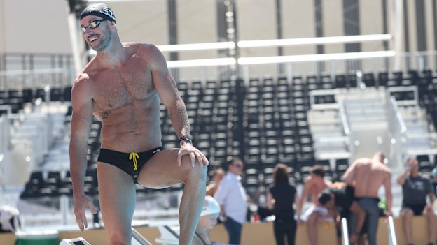 James Magnussen of Australia looks on during a practice session before the Enhanced Games at Resorts World Las Vegas.
