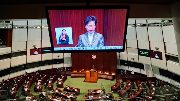 Hong Kong Chief Executive Carrie Lam delivering her policy address to  the Legislative Council on Wednesday. 