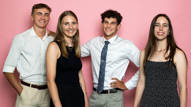 Flynn McCowan, from Norfolk Island Central School (second from right), came first in the Automotive exam in 2023. Fellow First in Course stars are (from left) Charlie Mooney, Cronulla High School, Construction; Jessica Mulcahy, Queenwood, Science Extension; and Ella Ward, Calrossy Anglican School, Primary Industries.