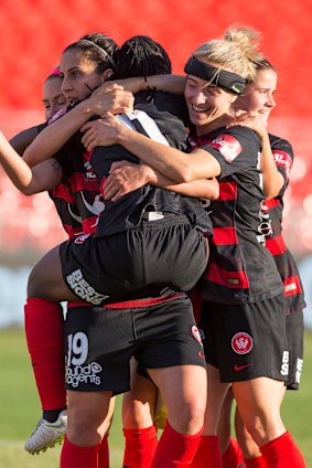 Leena Khamis of the Wanderers celebrates scoring.