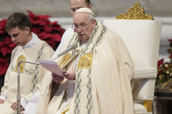 Pope Francis holds Mass in St Peter’s Basilica at the Vatican on Sunday.