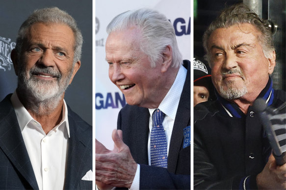 Mel Gibson (left), Jon Voight and Sylvester Stallone are cast as Trump’s Hollywood envoys.
