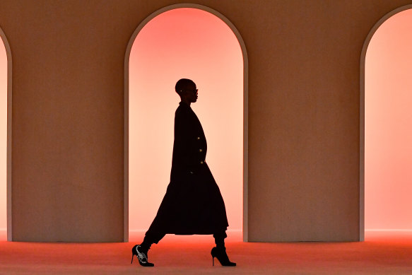 A model walks the runway in Paris for Balmain in March.