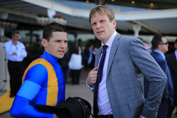 Bjorn Baker with jockey Jason Collett, who will ride Hollywood Hero