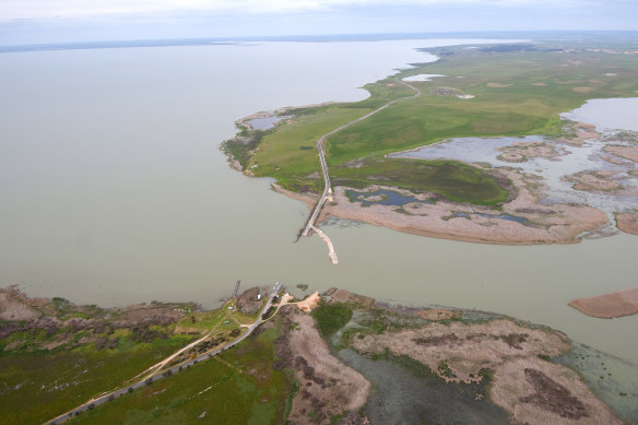 An aerial view of the Narrung bund as it was being dismantled to let water flow into Lake Alexandrina, in the lower Murray River region. 