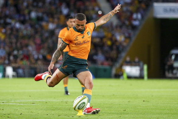 Quade Cooper kicks a penalty against the Springboks.