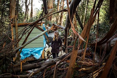 Michaela Pascoe surveying the damage to her property in June 2021. 